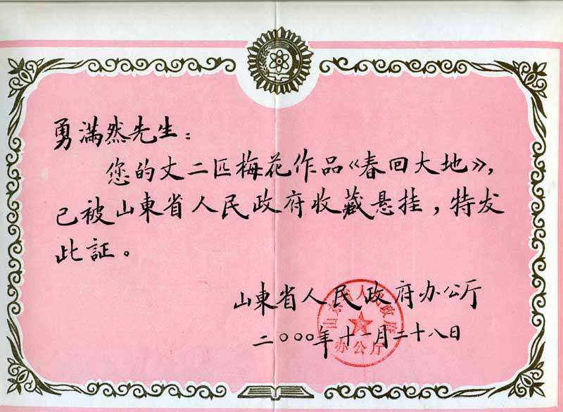 山东省人民政府收藏证书